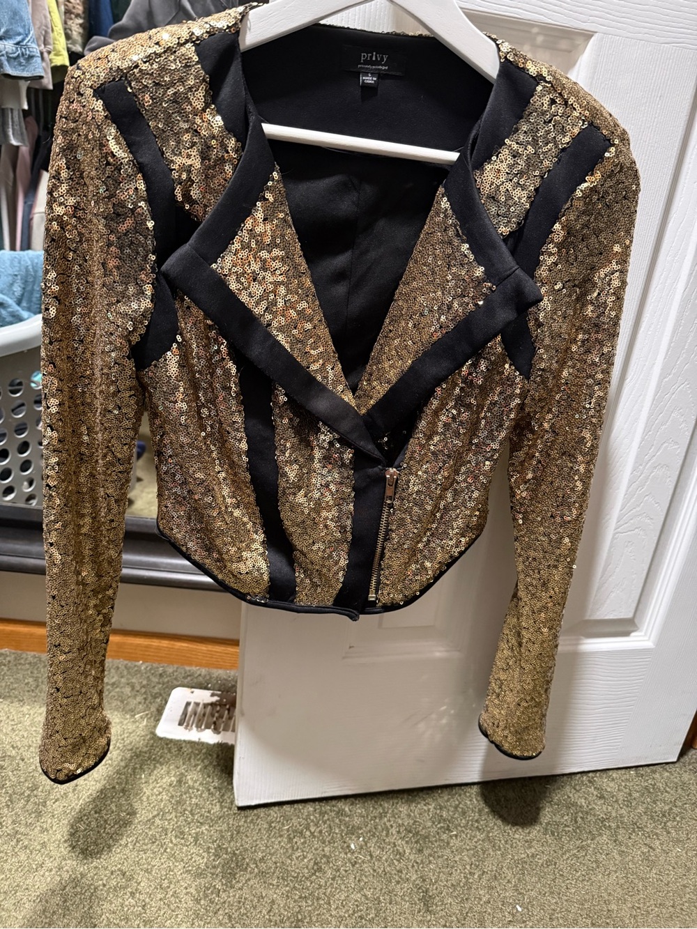 Privy Gold Sequin Jacket with Black Trim